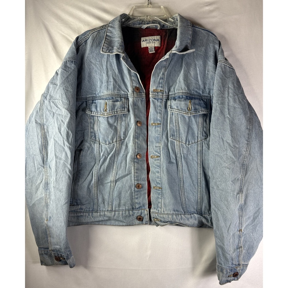 Arizona Jacket Womens L Blue Trucker Denim Jean Flannel Lined Medium Wash